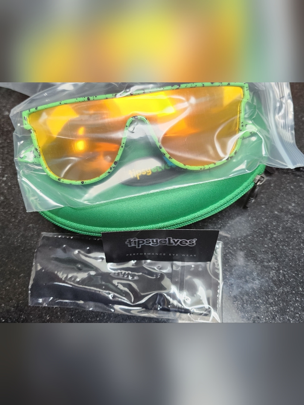 TipsyElves Neon Green Splatter Sunglasses with Orange Mirrored Lens